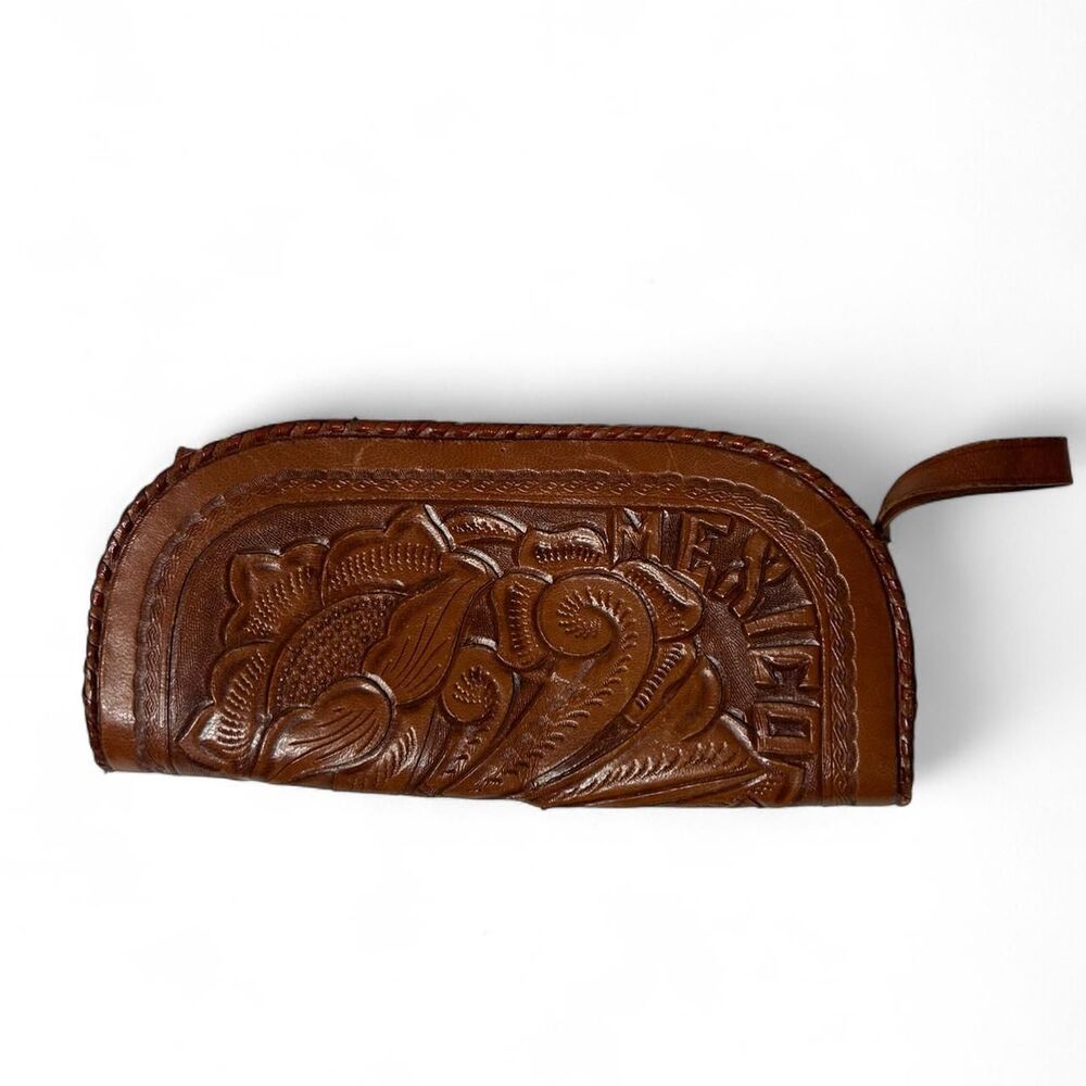 American vintage Brown tooled leather handbag with floral design